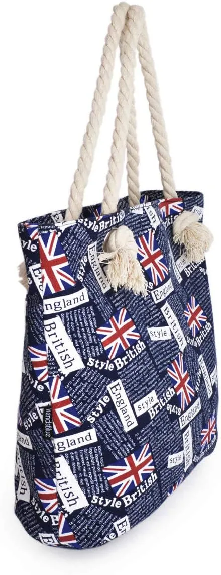 Premium Large Union Jack British Letters Print Canvas Tote Shoulder Bag Handbag