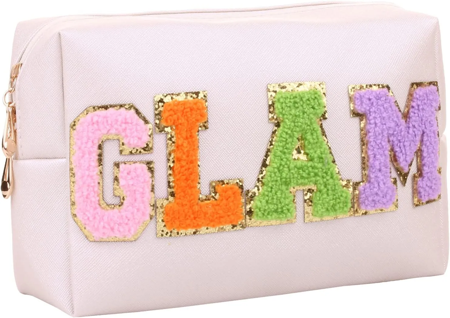 Preppy Patch Cosmetic Toiletry Bag for Women Girls SKIN Letters PU Leather Portable Makeup Bag Zipper Pouch Storage Purse Waterproof Organizer for Travel