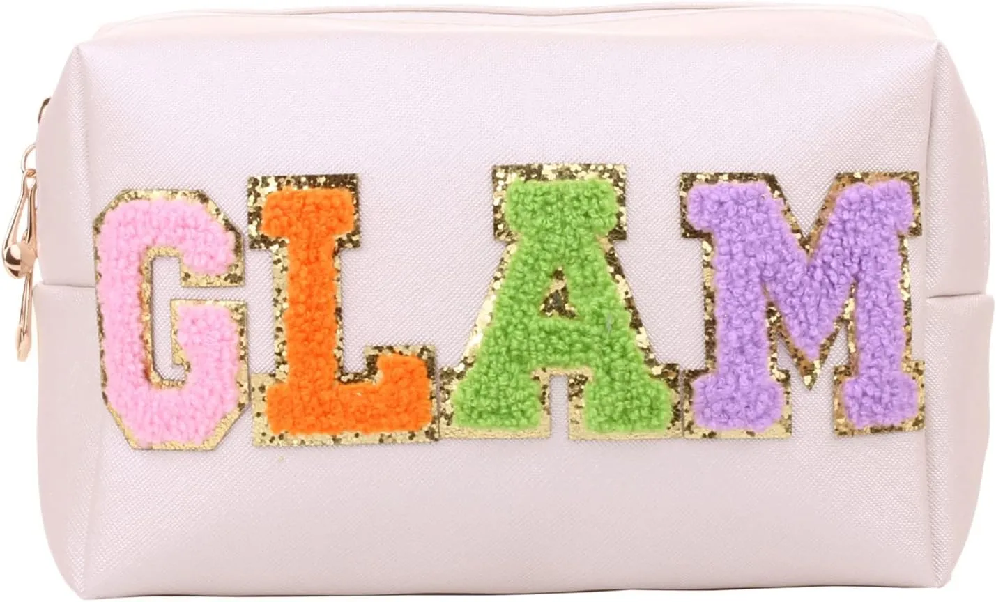 Preppy Patch Cosmetic Toiletry Bag for Women Girls SKIN Letters PU Leather Portable Makeup Bag Zipper Pouch Storage Purse Waterproof Organizer for Travel
