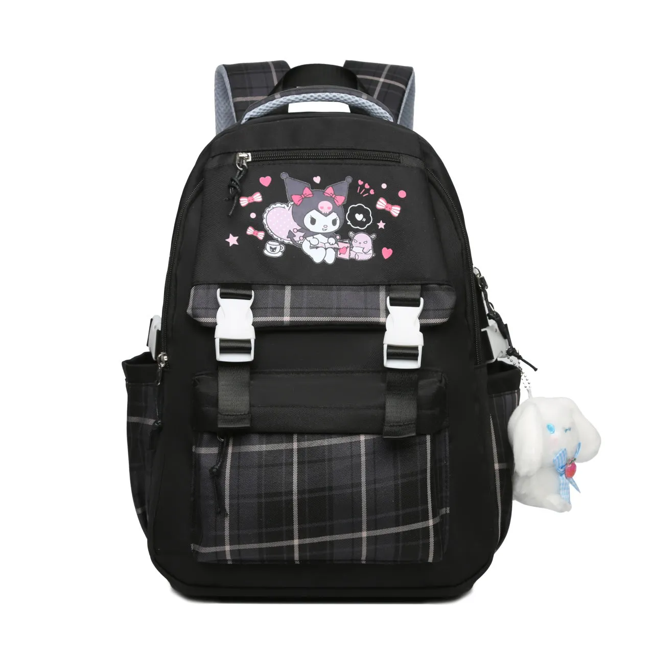 Printed Sanrio Schoolbag Large-Capacity Backpack Plaid Color Matching Backpack Medium and Large Student Campus Backpack Primary School Students