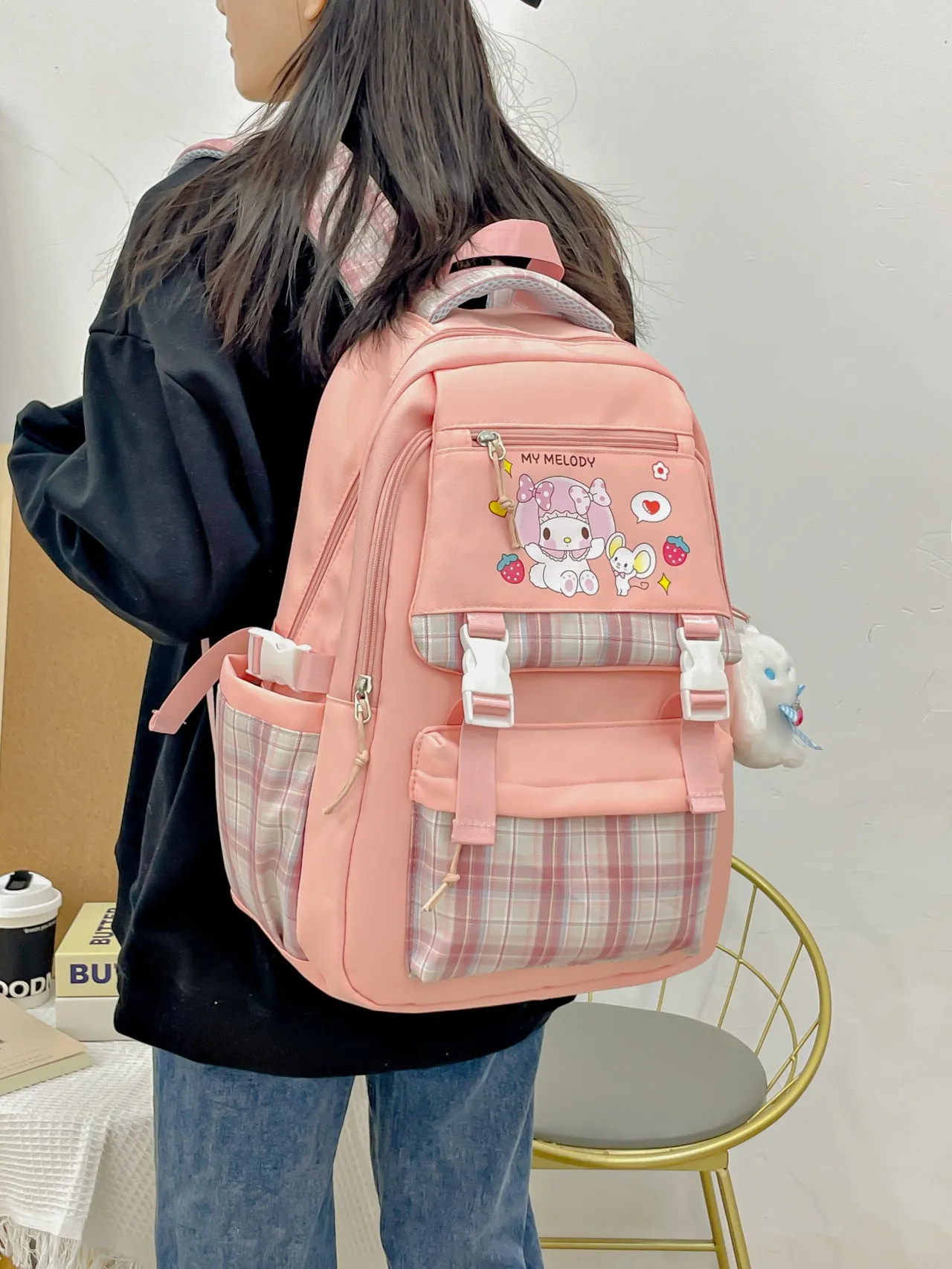 Printed Sanrio Schoolbag Large-Capacity Backpack Plaid Color Matching Backpack Medium and Large Student Campus Backpack Primary School Students