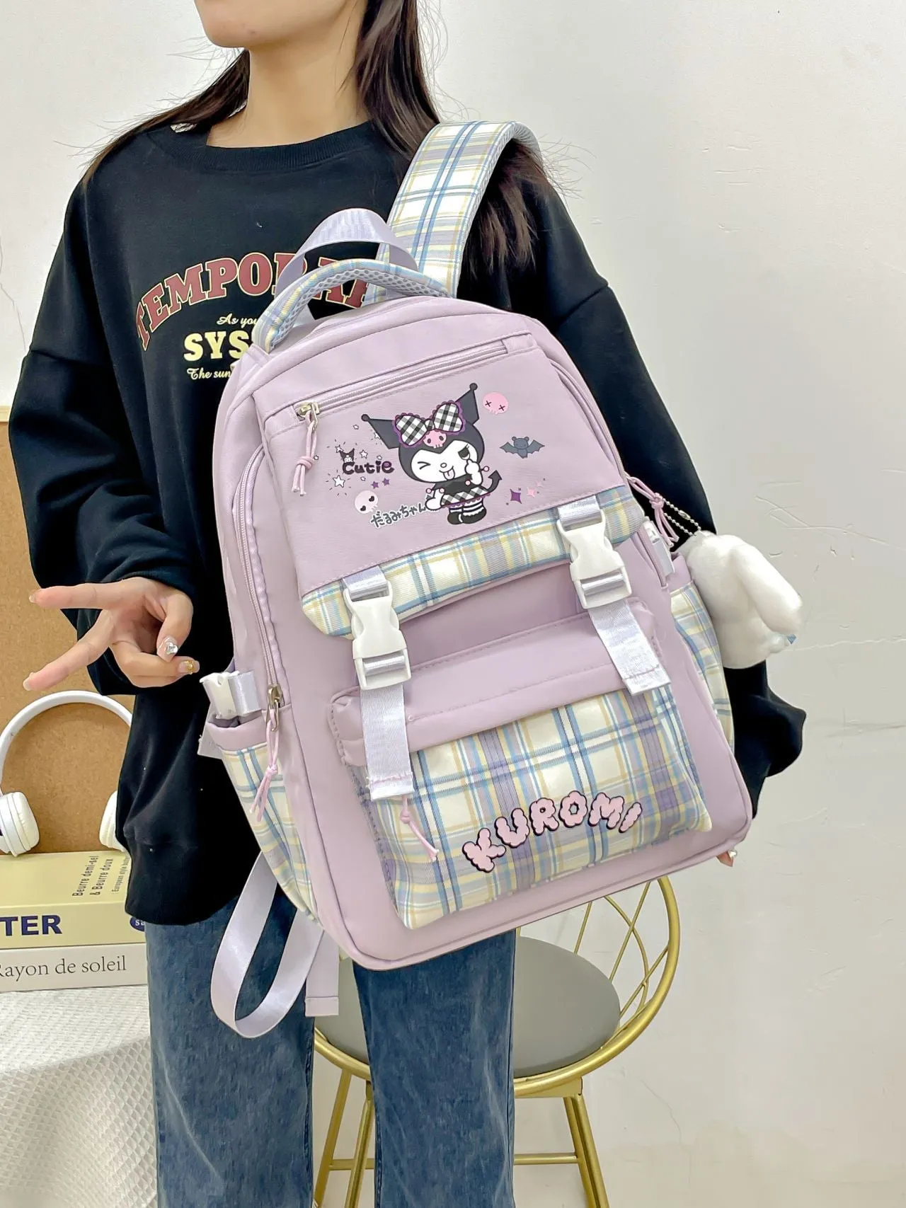 Printed Sanrio Schoolbag Large-Capacity Backpack Plaid Color Matching Backpack Medium and Large Student Campus Backpack Primary School Students