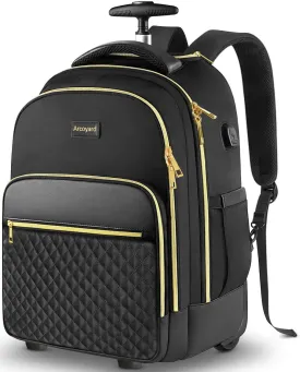 Rolling Backpack Carry On Luggage For Adults With Wheels, 40L Wheeled Backpack For Women, Travel Roller Bag, Black Gold