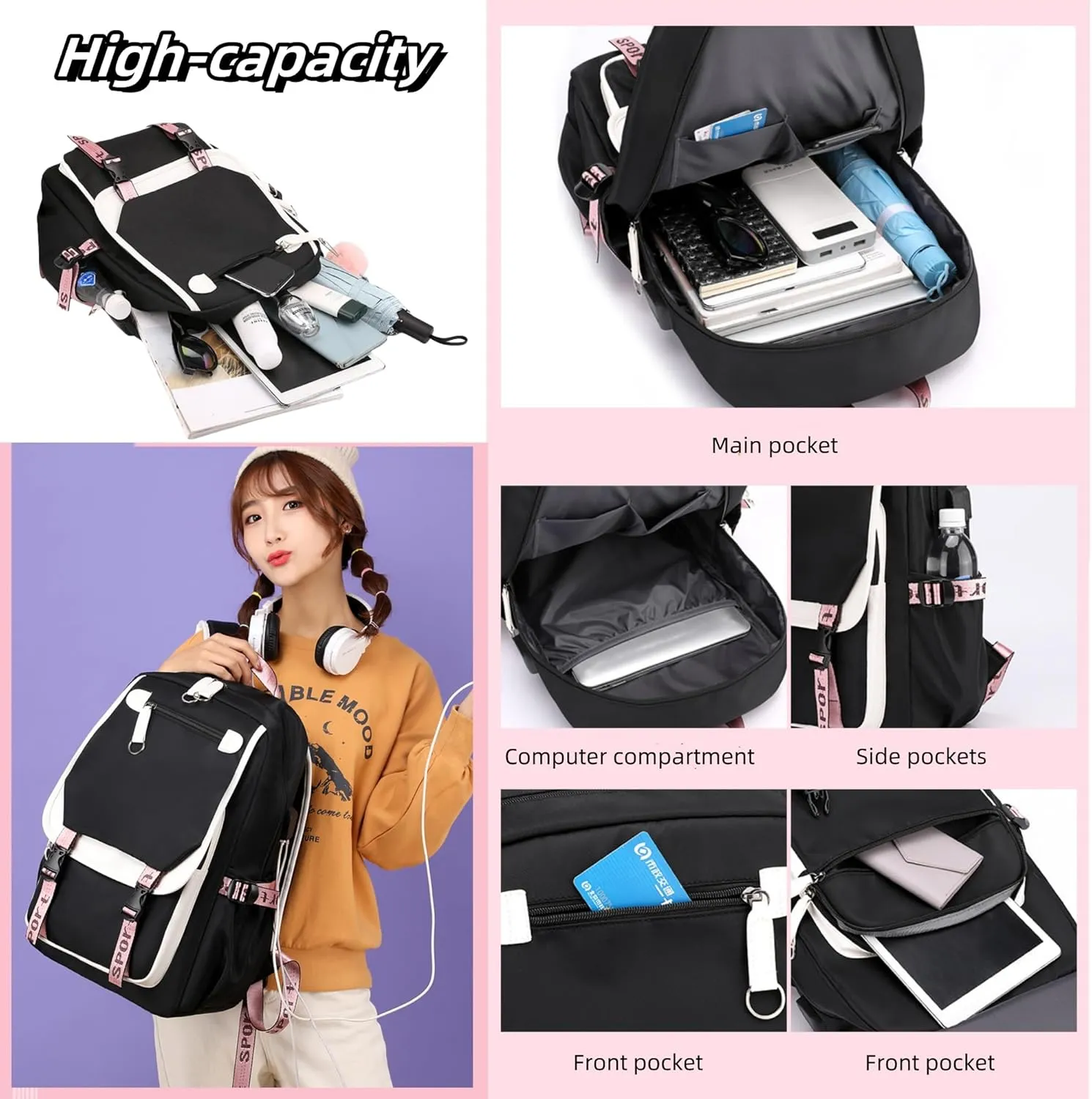Teenage Girls Backpack 20 Liters Schoolbag Waterproof Bookbag for Girls Color blocking Daypack for Teenage(Black Green)