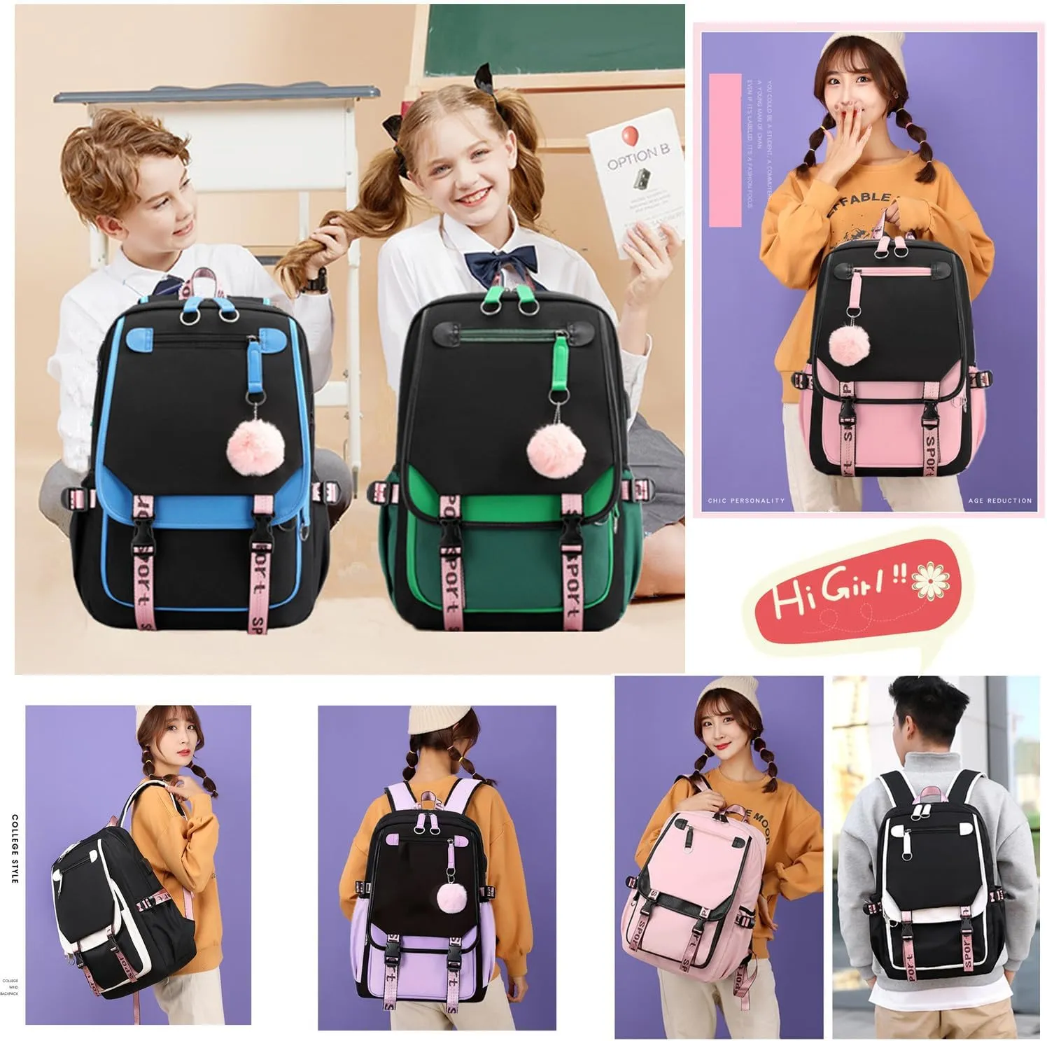 Teenage Girls Backpack 20 Liters Schoolbag Waterproof Bookbag for Girls Color blocking Daypack for Teenage(Black Green)