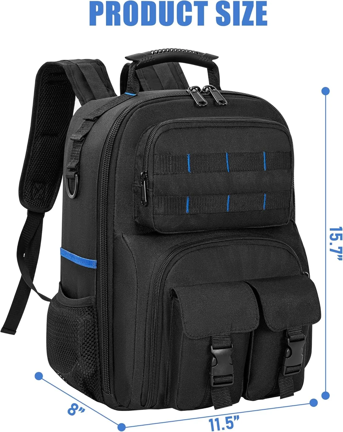 Tool Backpack, Heavy Duty Tool Bag with Padded Shoulder and Removable Tool Organizer, Water-Resistant Work Backpack, for Electrician, Plumber, HVAC, Cable Repairman, Black & Blue