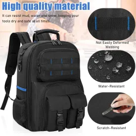 Tool Backpack, Heavy Duty Tool Bag with Padded Shoulder and Removable Tool Organizer, Water-Resistant Work Backpack, for Electrician, Plumber, HVAC, Cable Repairman, Black & Blue