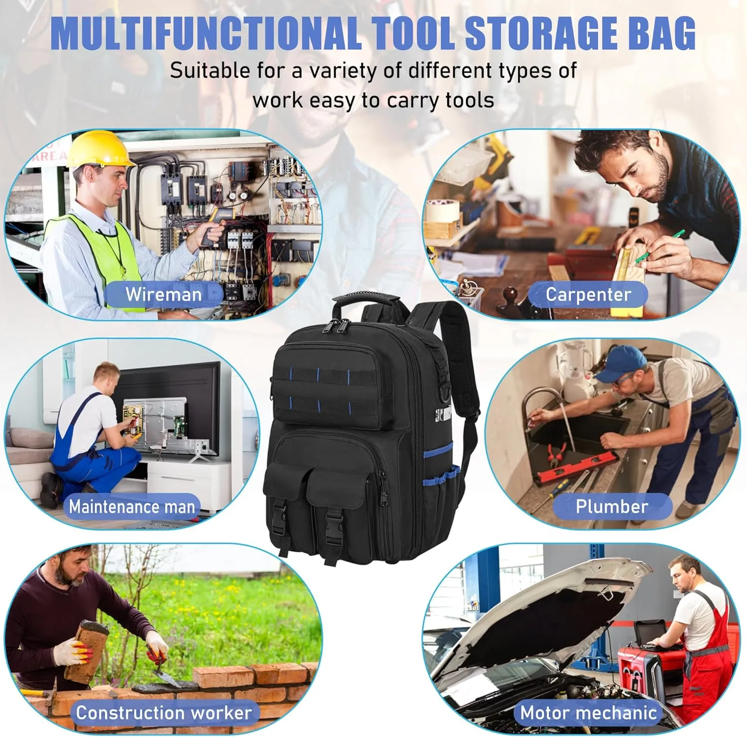 Tool Backpack, Heavy Duty Tool Bag with Padded Shoulder and Removable Tool Organizer, Water-Resistant Work Backpack, for Electrician, Plumber, HVAC, Cable Repairman, Black & Blue