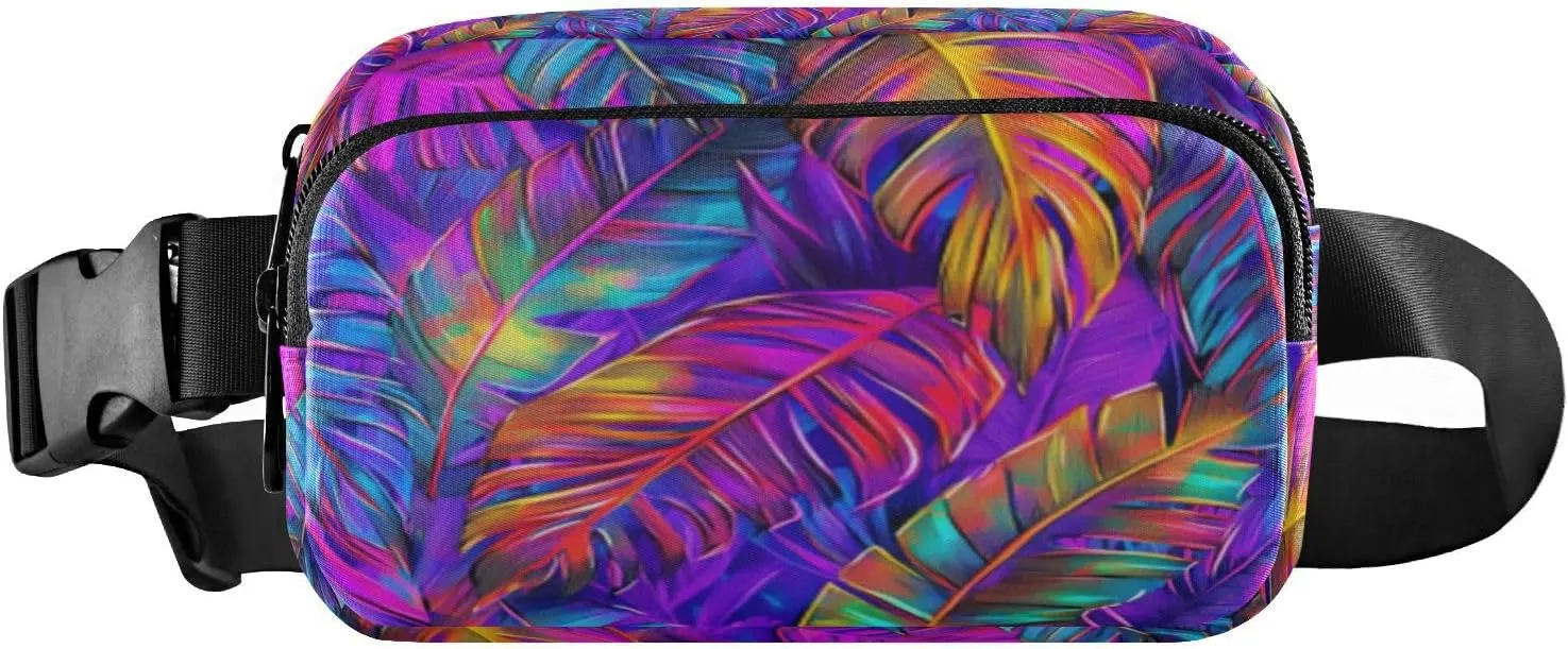 Tropical Palm Leaves Violet Fanny Packs for Women Crossbody Bags Everywhere Belt Bag with Adjustable Strap Fashion Waist Pack for Travel Running Daily