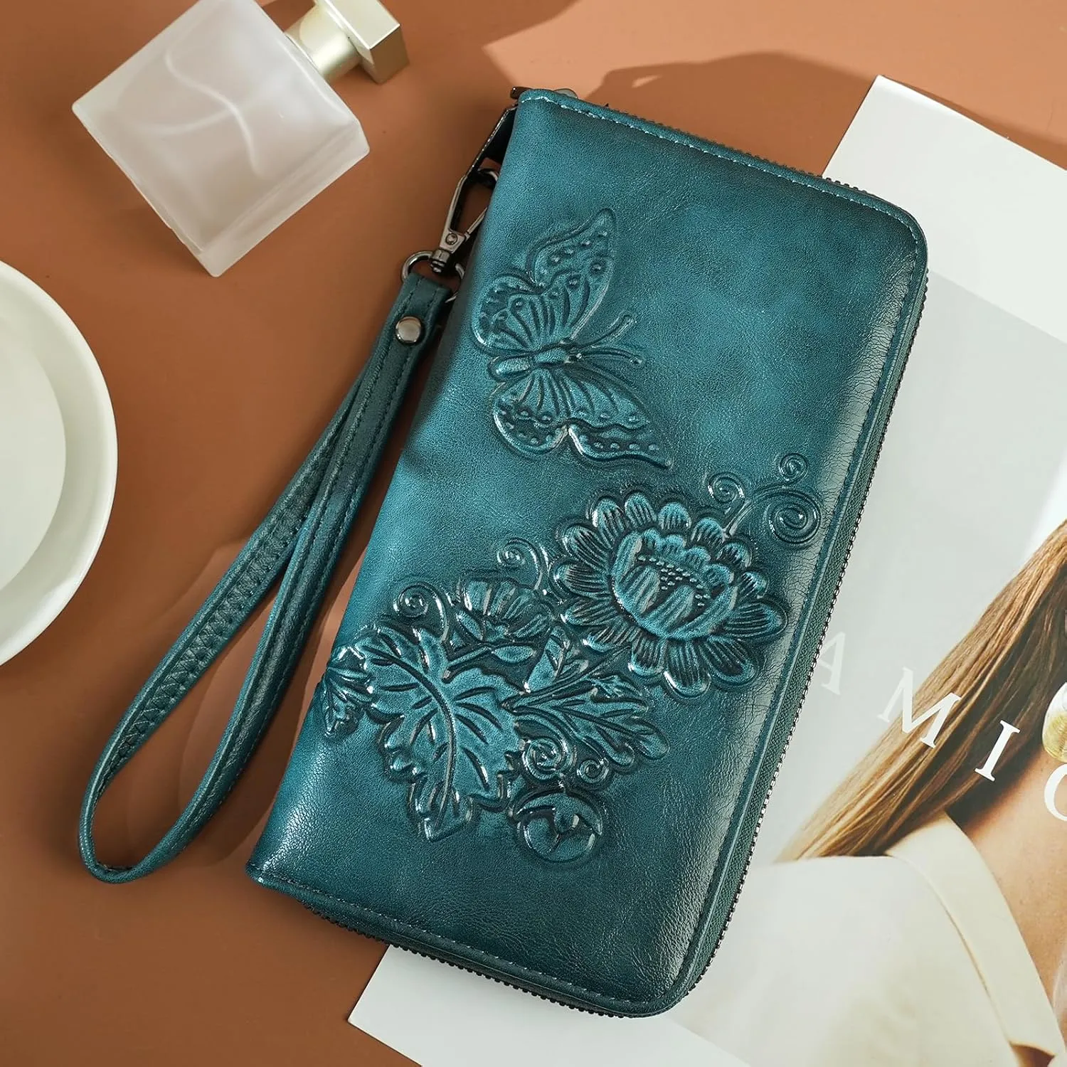 Womens Wallet Rfid Embossed Vegan Leather Multi Card Slots Wallets Large Capacity Wristlet Travel Purse for Women