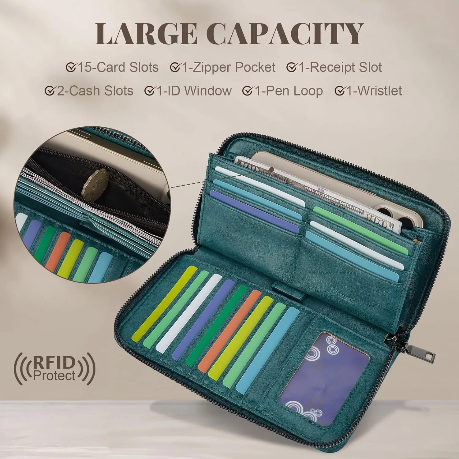 Womens Wallet Rfid Embossed Vegan Leather Multi Card Slots Wallets Large Capacity Wristlet Travel Purse for Women