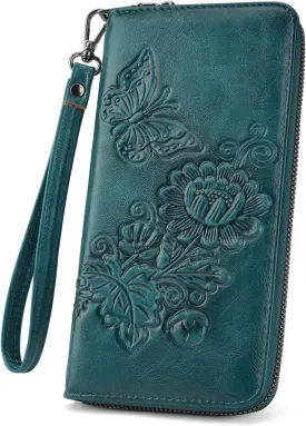 Womens Wallet Rfid Embossed Vegan Leather Multi Card Slots Wallets Large Capacity Wristlet Travel Purse for Women